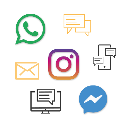 Imagem com o logotipo do WhatsApp, Instagram, Facebook Messenger, Appchat, e-mail e webchat.