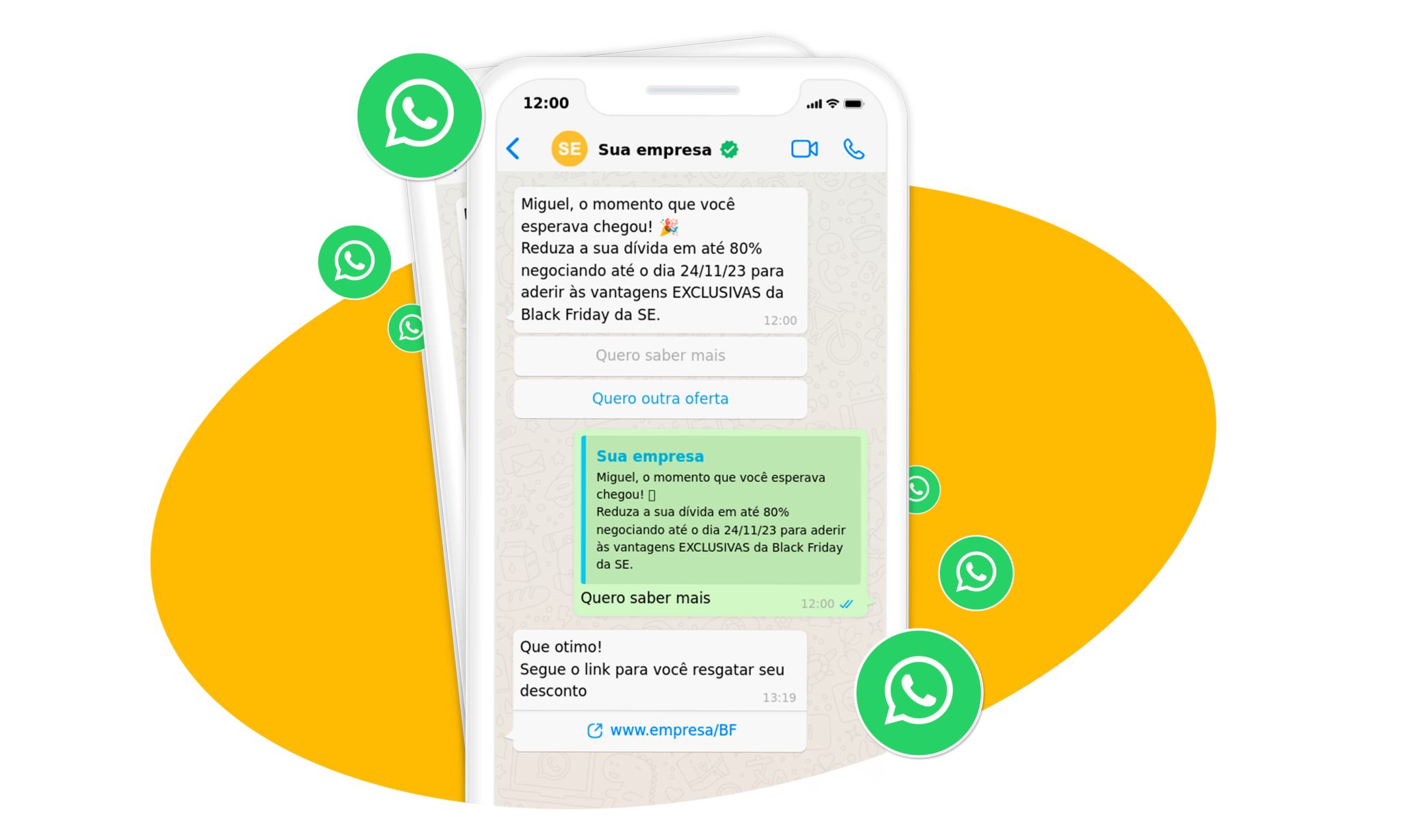 Ilustração que mostra a tela do WhatsApp com vários balões da empresa
